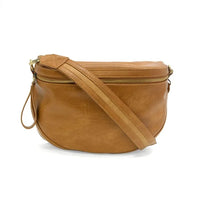 Tan vegan leather Laura contrast strap sling bag with gold zipper