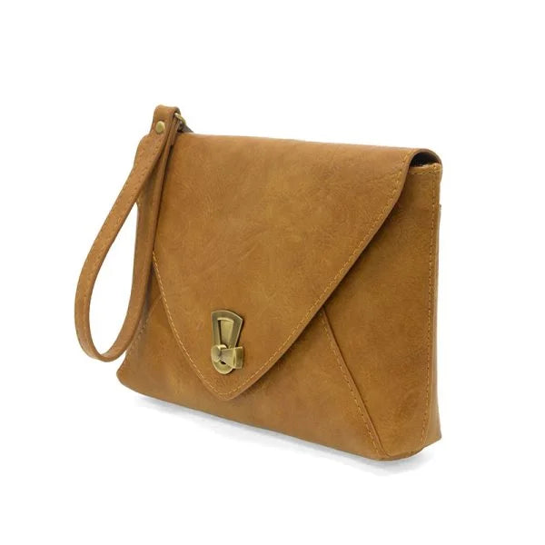 Claudia keyhole envelope crossbody in tan vegan leather with gold hardware