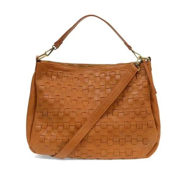 Tan leather KALI WOVEN SLOUCHY HOBO handbag with woven texture and adjustable shoulder strap