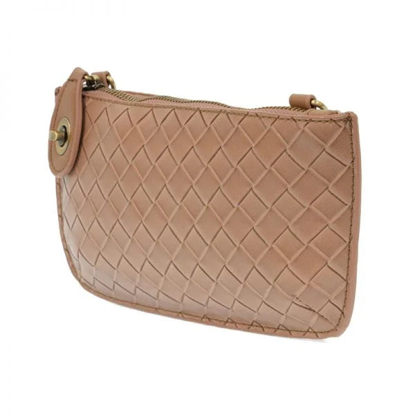 Tan vegan leather woven mini crossbody wristlet clutch with gold hardware