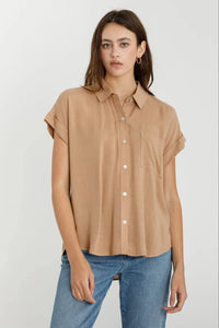 Tan short-sleeve button-down shirt for women’s boho chic clothing from Shop Daisy