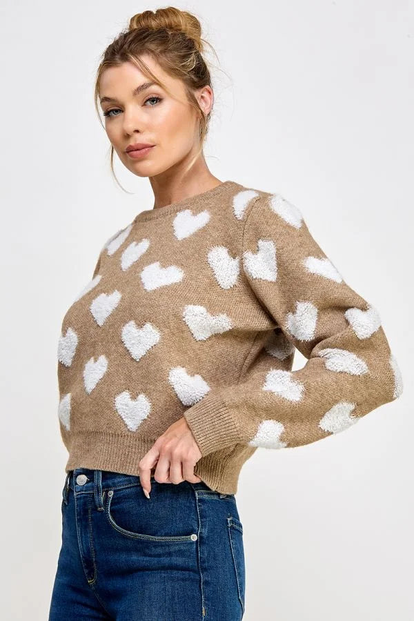 Tan Raised Heart Long Sleeve Pullover Sweater for women’s boho chic clothing