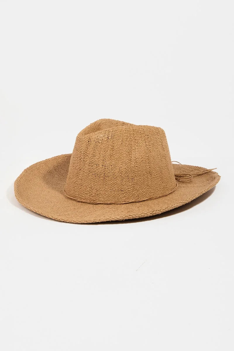 Tan wide-brimmed straw weave sun hat with a rounded crown for stylish sun protection