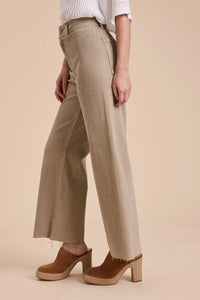Tan straight wide leg denim pants with frayed hem showcasing stylish wide leg denim fashion