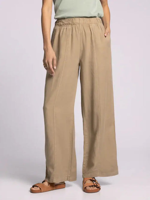 Tan wide-leg linen women’s pants with elastic waistband from THREAD & SUPPLY JUNE PANTS
