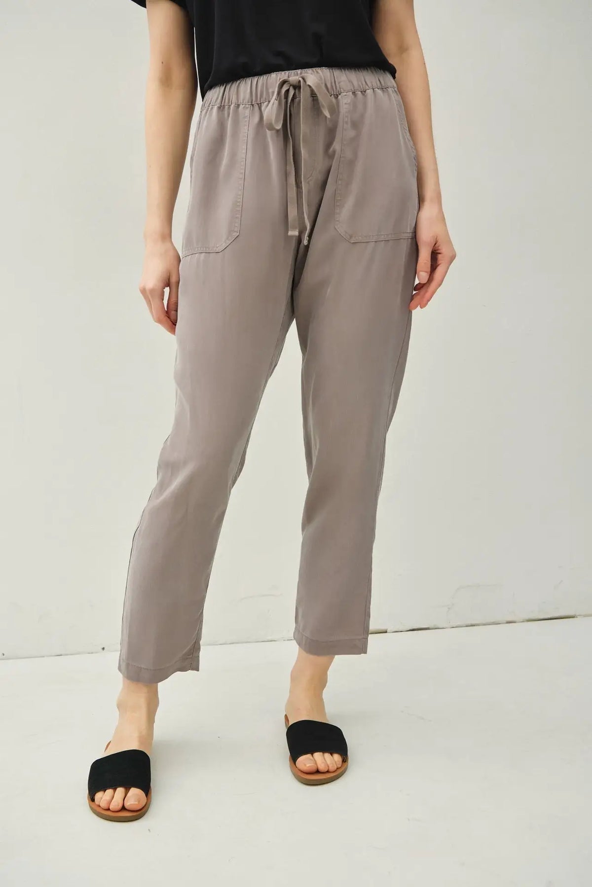 Taupe TENCEL Tapered Pants with drawstring waist, stylish tapered pants for women