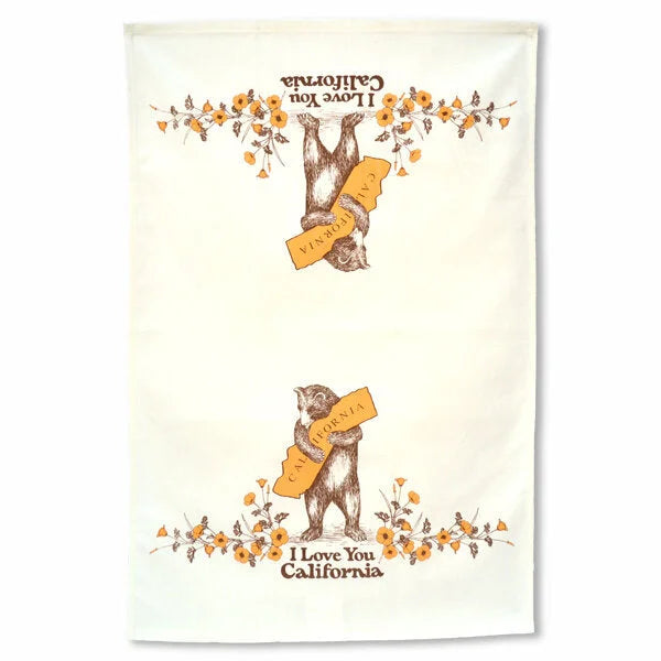 California Bear and Poppy Cotton Tea Towel featuring a cat and decorative banner