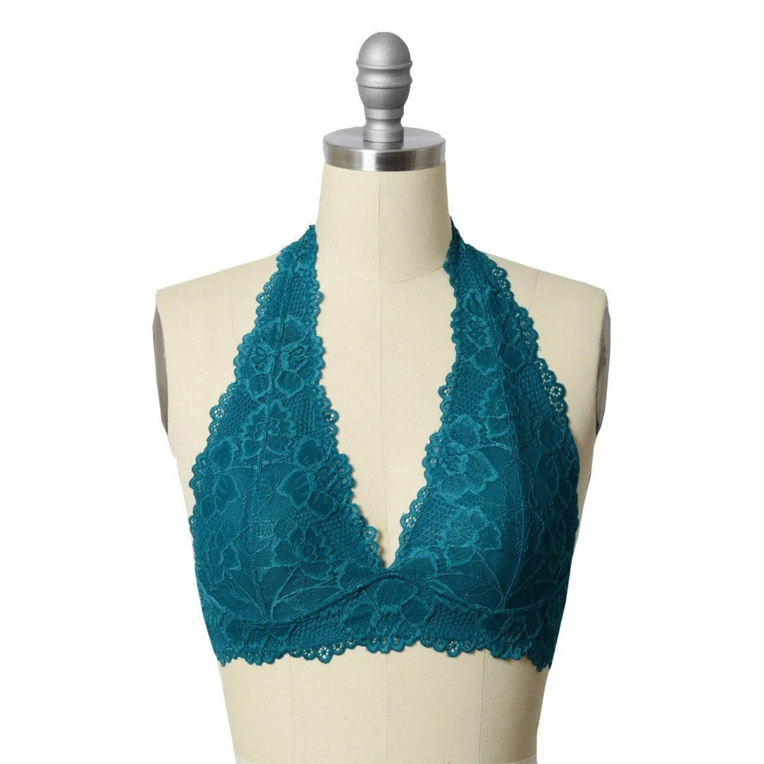 Teal green lined lace halter top bralette with elegant lace detailing