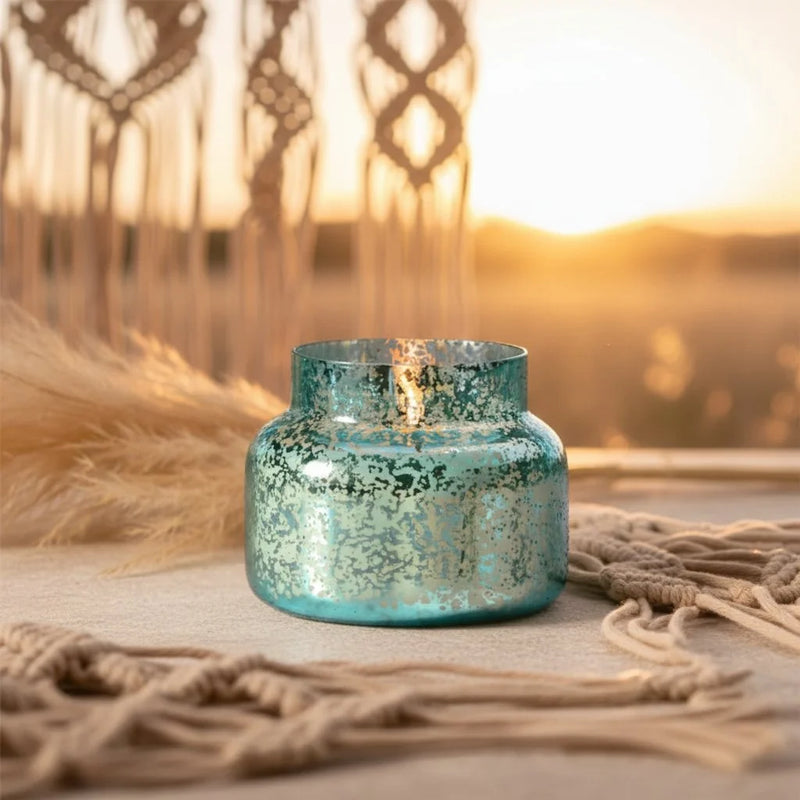 Teal mercury glass candle holder with macrame rope and wheat for Capri Blue Volcano mercury signature candle