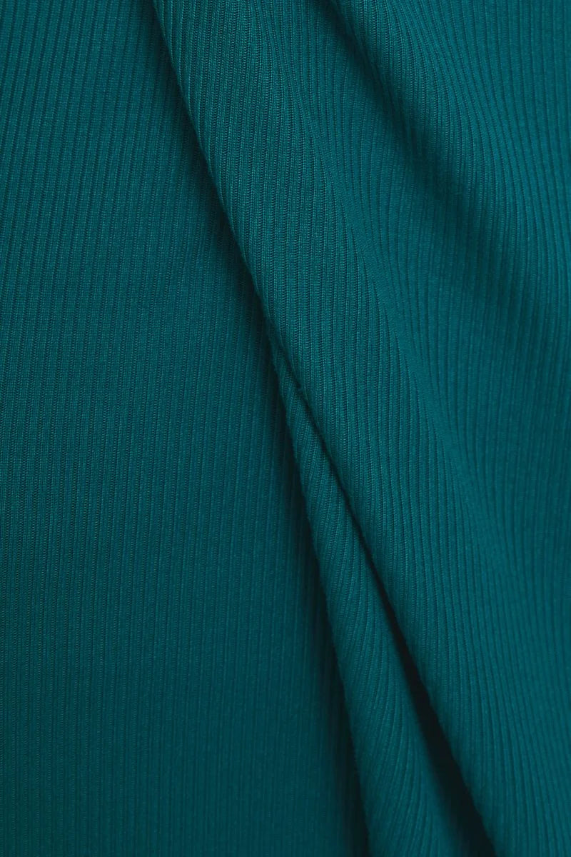Teal ribbed fabric short sleeve surplice twist midi dress for elegant occasions