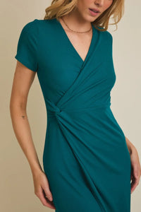 Teal short sleeve surplice midi dress with twist side knot detail