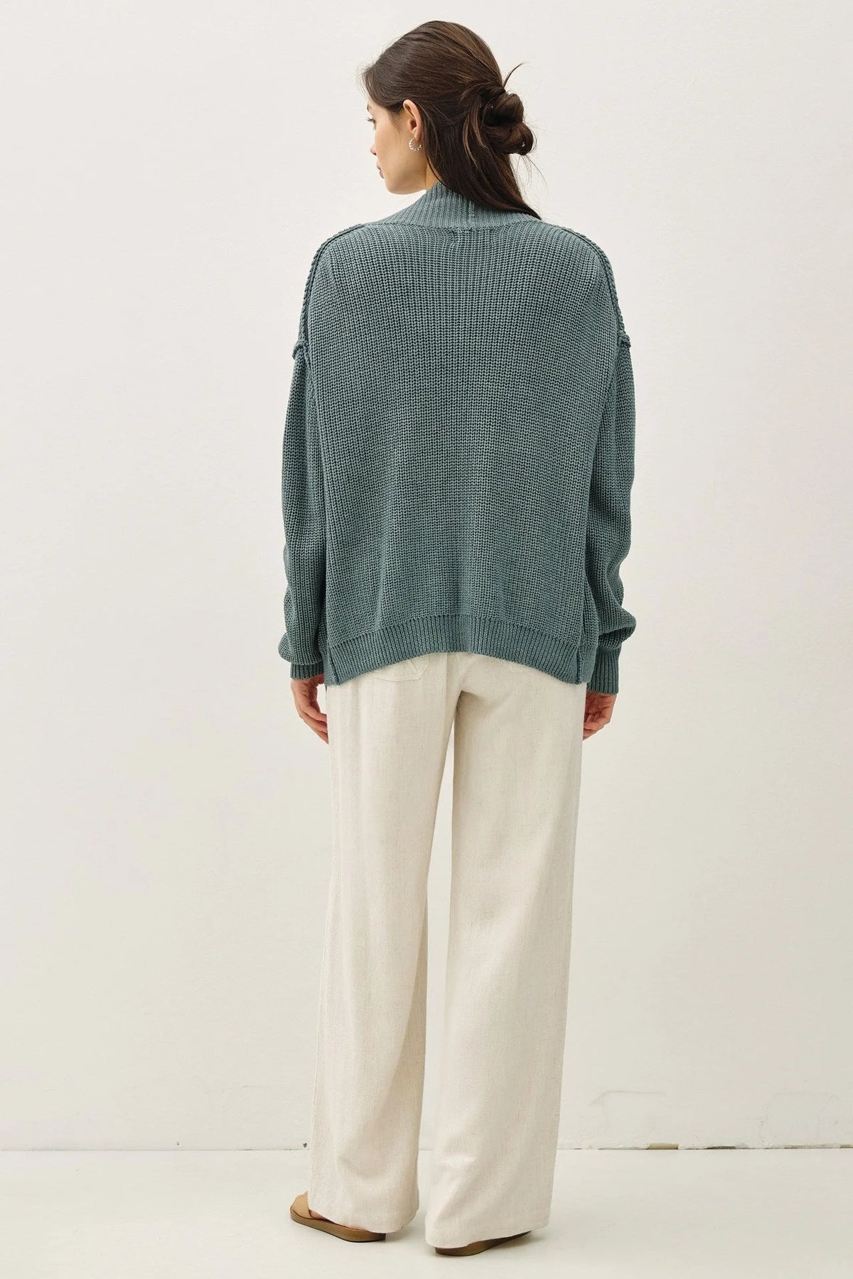 Teal textured chunky knit drop shoulder cardigan with wide-leg cream pants and brown shoes