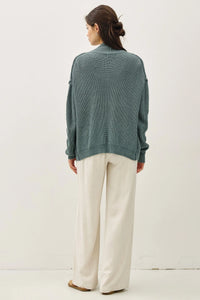 Teal textured chunky knit drop shoulder cardigan with wide-leg cream pants and brown shoes