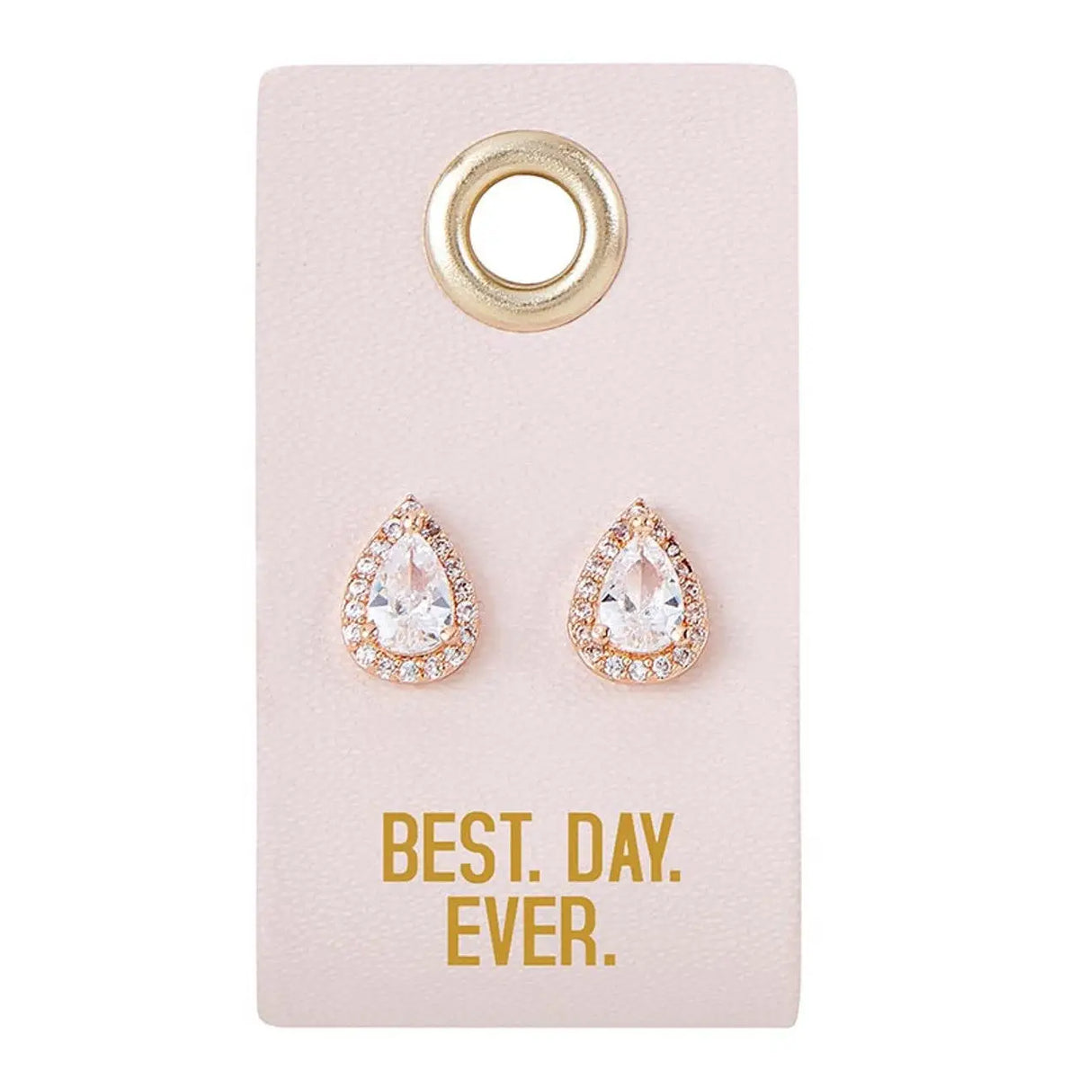 Teardrop earrings on display card from LOVE WEDDING collection for the best day