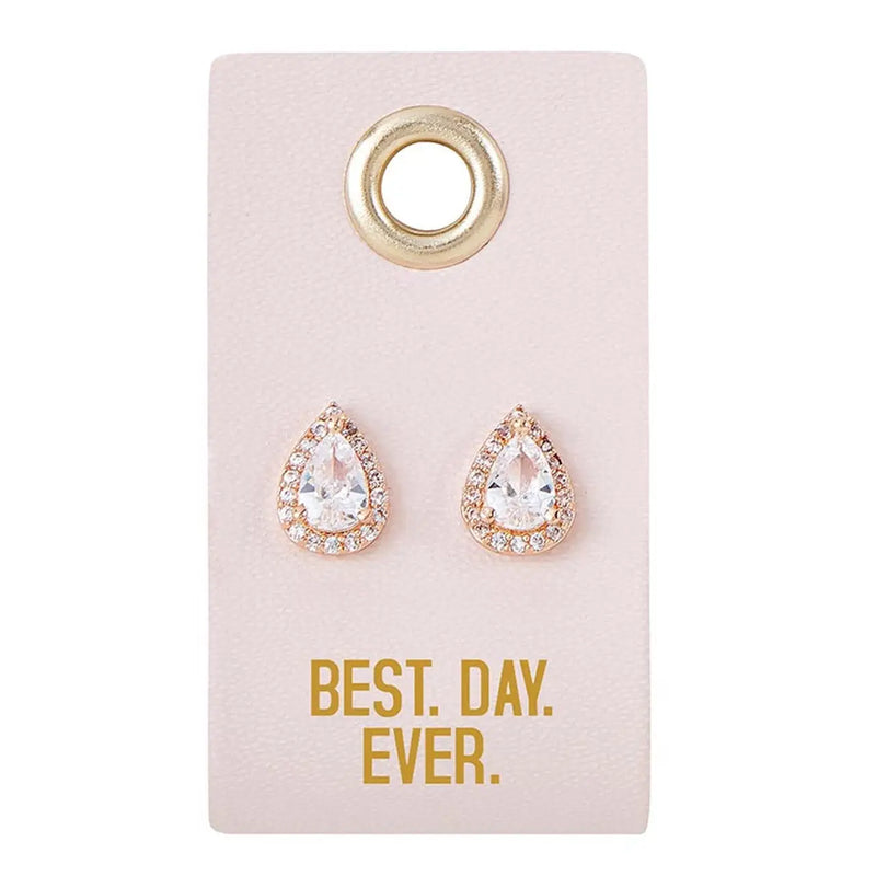 Teardrop earrings on display card from LOVE WEDDING collection for the best day