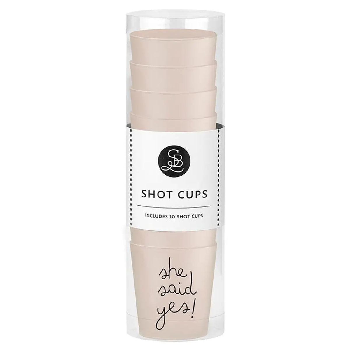 Ten beige shot cups in a clear tube for women’s boho chic clothing from Shop Daisy