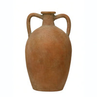 Decorative terracotta urn with two handles, narrow neck, and natural color