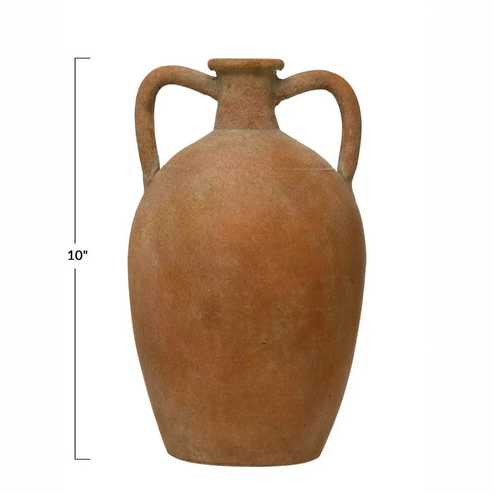 Terracotta urn with two handles, narrow neck, and natural color designed for decor