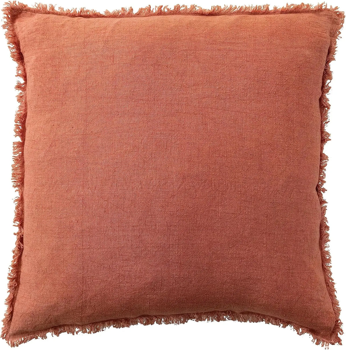 Terracotta stonewashed linen throw pillow with frayed edges for stylish home decor