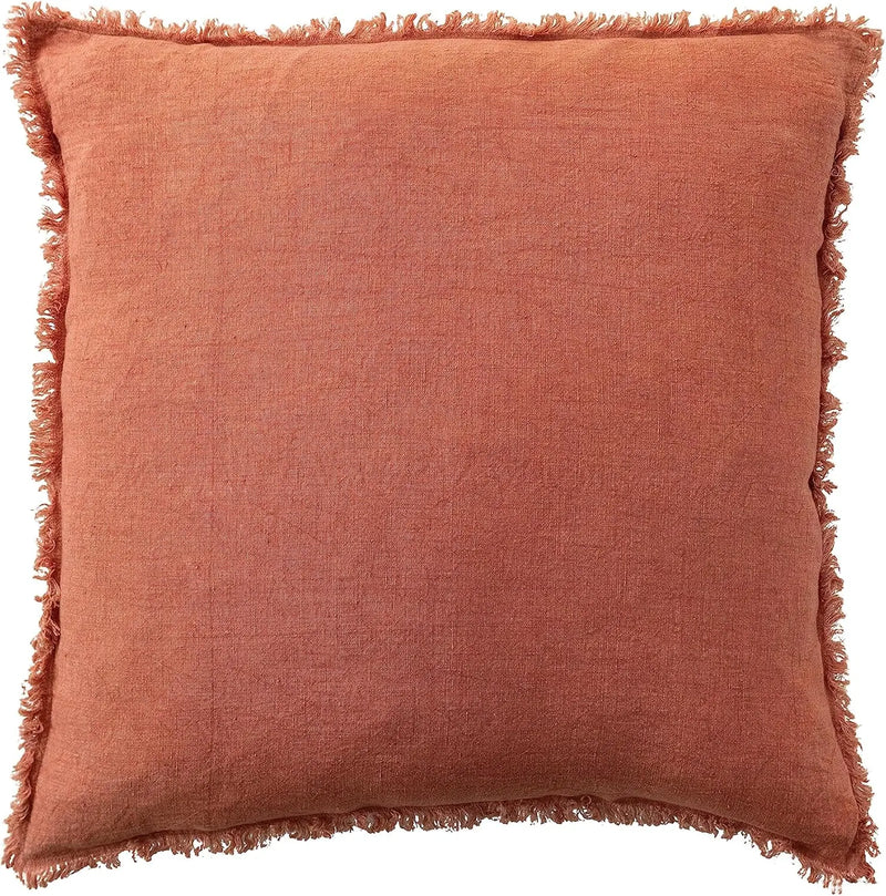 Terracotta stonewashed linen throw pillow with frayed edges for stylish home decor