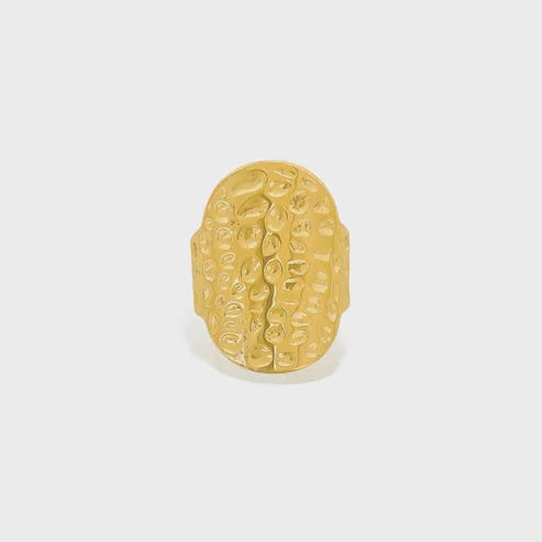Textured oval gold signet ring showcasing water resistant gold and adjustable gold oval design