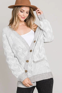 Textured white cardigan with wooden buttons in the COZY 2 TONE JACQUARD CARDIGAN, shop Daisy