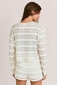 Textured white lace shorts and top set featuring a round neck lace cardigan from Shop Daisy Lane