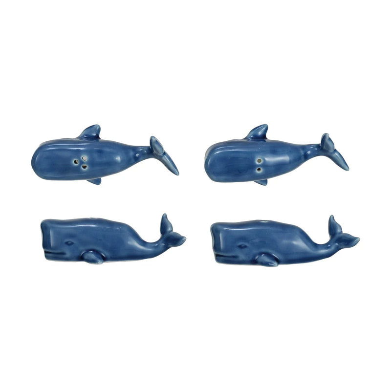 Three Blue Whale figurines featured in Whale Salt & Pepper Shakers set