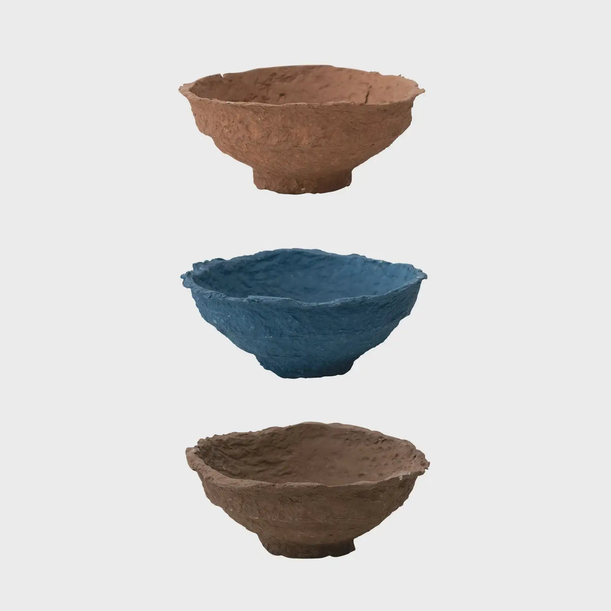 Three colorful decorative handmade paper mache bowls showcasing unique sizes and designs