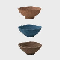 Three colorful decorative handmade paper mache bowls showcasing unique sizes and designs