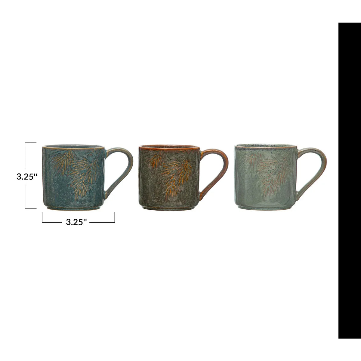 Three embossed stoneware mugs featuring leaf designs in muted earthy colors