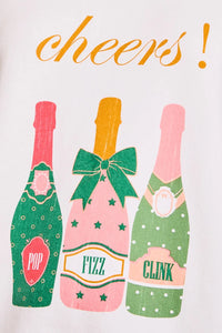 Three colorful champagne bottles with cheers graphic above, showcasing Cheers Graphic Sweatshirt