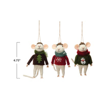 Three felt mice wearing festive sweaters as wool felt Christmas ornaments