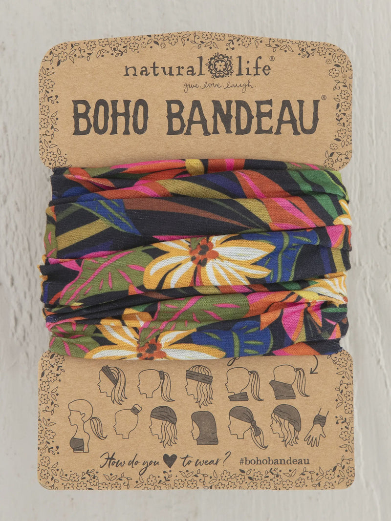 Three unique fabric hair ties in the FULL BOHO BANDEAU HEADBAND - BLACK TROPICAL product