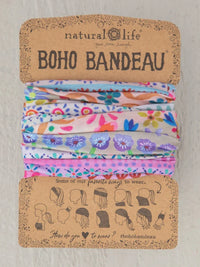 Three colorful hair ties in various patterns displayed with the Full Boho Bandeau Headband