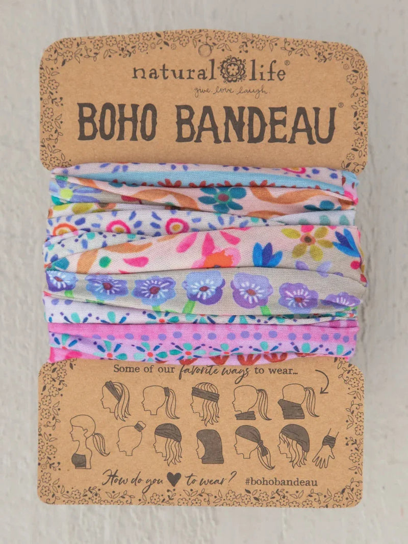 Three colorful hair ties in various patterns displayed with the Full Boho Bandeau Headband