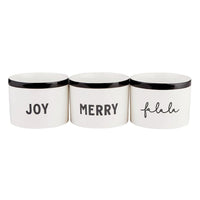 Three white ceramic dip bowls from the Holiday Gift Dip Bowls Book Box, featuring festive words