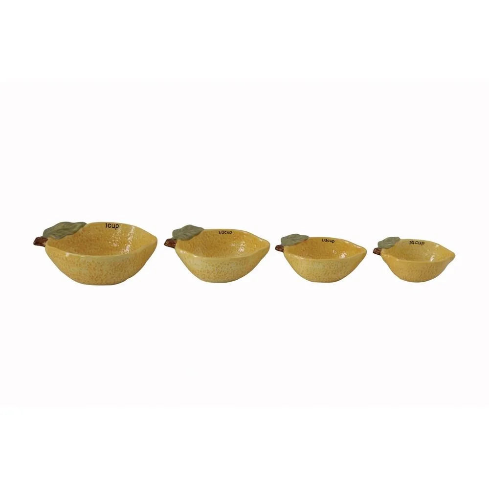 Three yellow ceramic bowls with handles from the Lemon Measuring Cups set