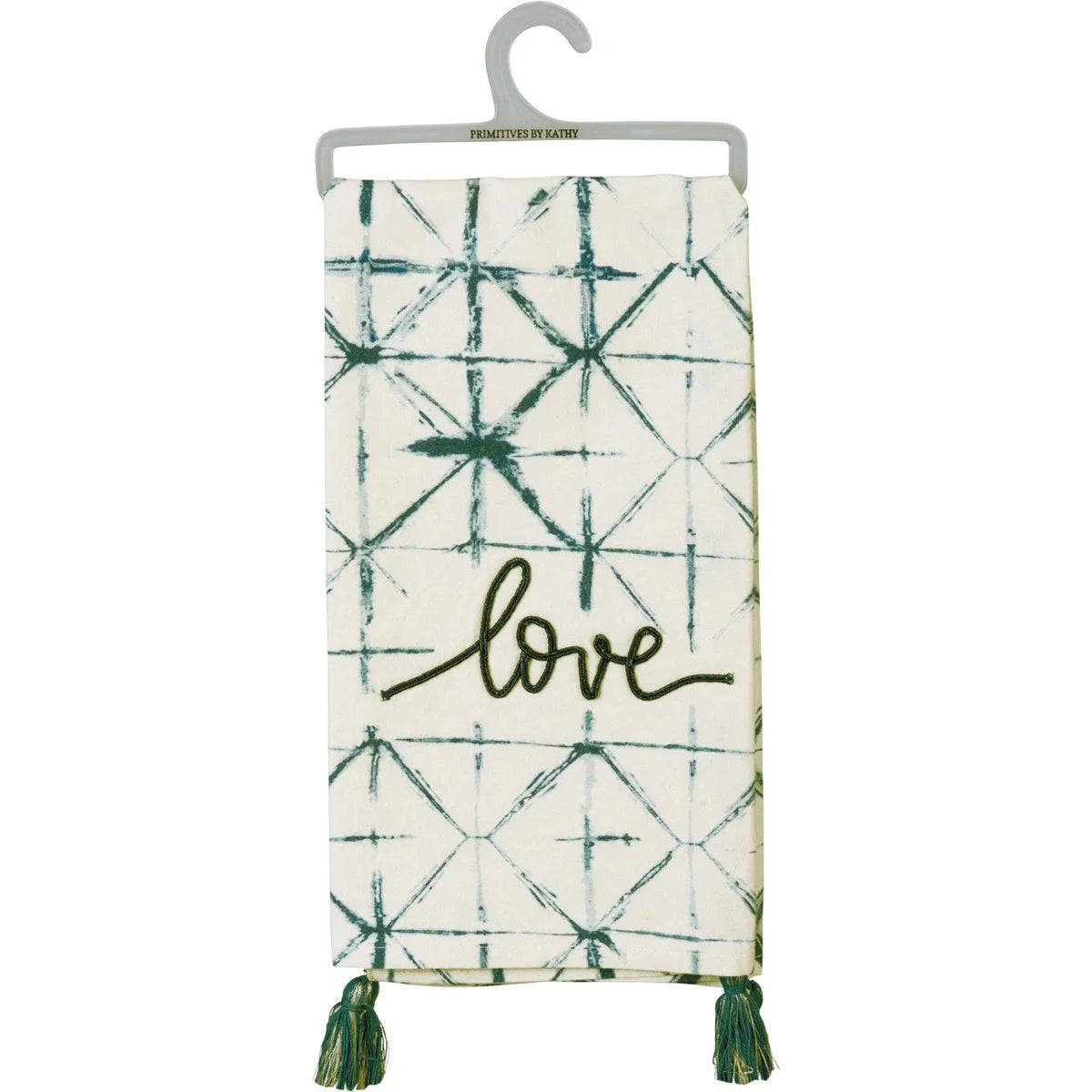 Tie dye LOVE DISH TOWEL in white with green and black design for stylish kitchens