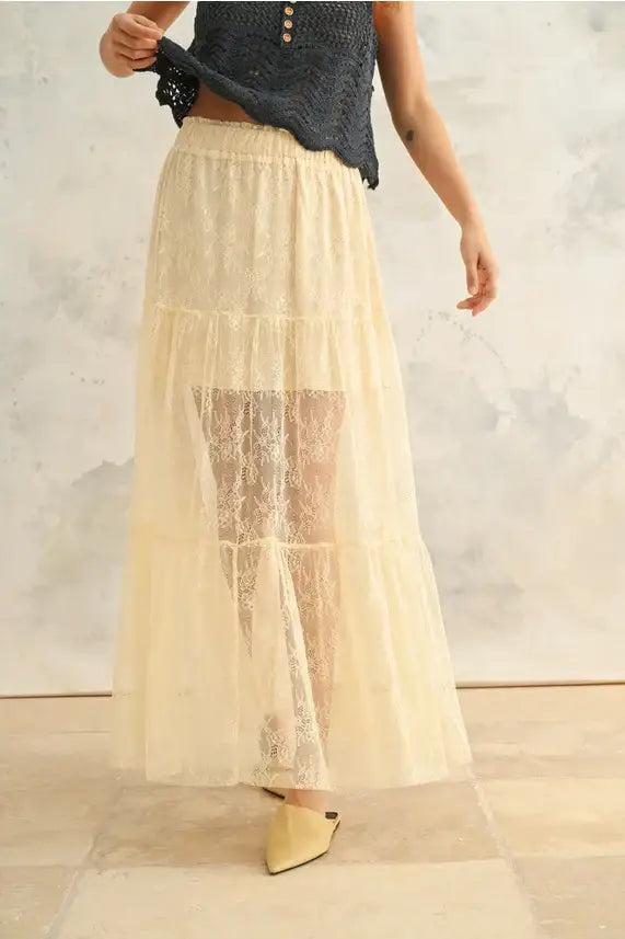 Elegant cream-colored tiered sheer maxi skirt from Shop Daisy, perfect for women’s boho chic clothing