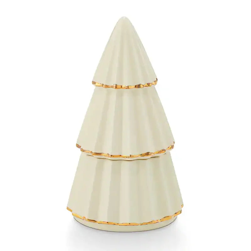 Tiered white ceramic Christmas tree with gold trim for Illume Cozy Cashmere candle