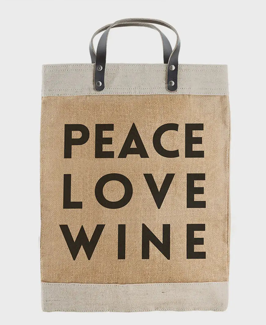 Tote bag with handles featuring the Peace Love Wine design for wine lovers