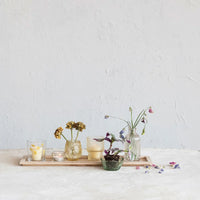 Elegant wood tray embossed with flowers and candles, featuring embossed glass tealight holders