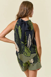 Tropical border palm tree halter top and shorts set displayed in Border Palm Tree Scarf Tank