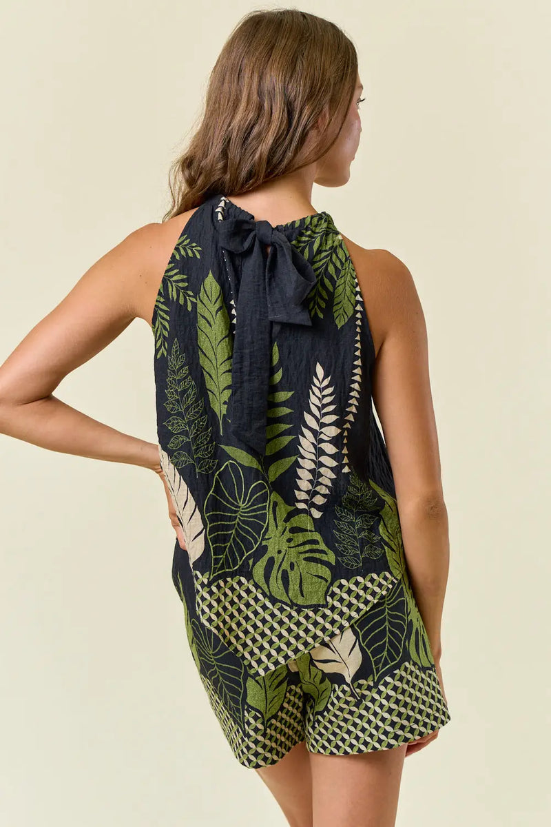 Tropical border palm tree halter top and shorts set displayed in Border Palm Tree Scarf Tank