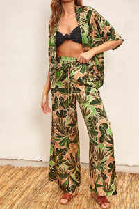 Tropical print loungewear featuring Phangan Island wide leg pull on pants and kimono-style top