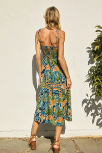 Tropical print midi dress with twist knot shoulder detail from HAVANA TWIST KNOT TIE SHOULDER MIDI DRESS, perfect for women’s boho chic clothing
