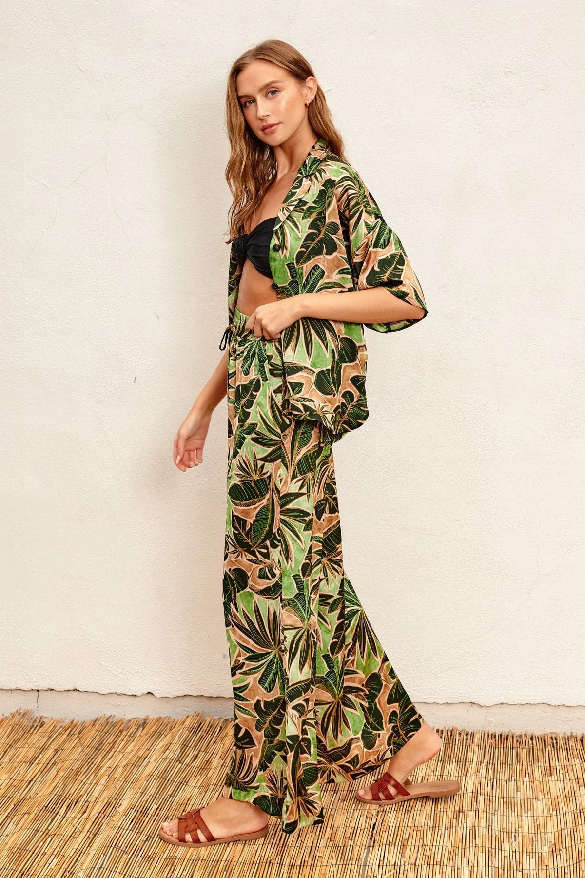 Tropical print two-piece outfit featuring Phangan Island wide leg pull-on pants