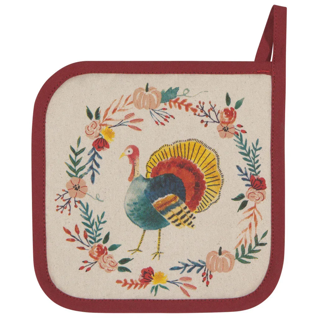 Turkey-themed harvest turkey pot holders with floral wreath design and red trim