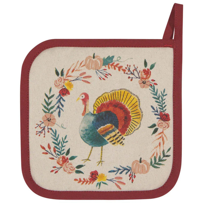 Turkey-themed harvest turkey pot holders with floral wreath design and red trim